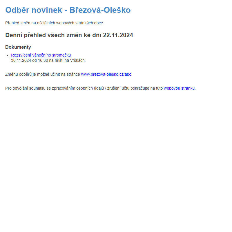 Březová-Oleško: Odběr novinek ze dne 22.11.2024