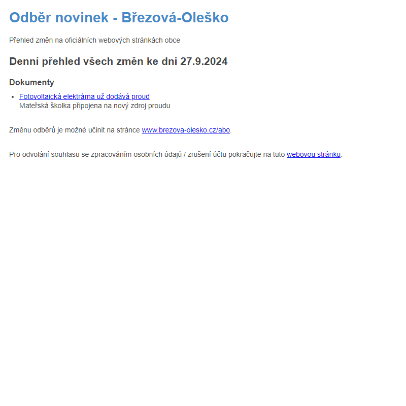 Březová-Oleško: Odběr novinek ze dne 27.9.2024