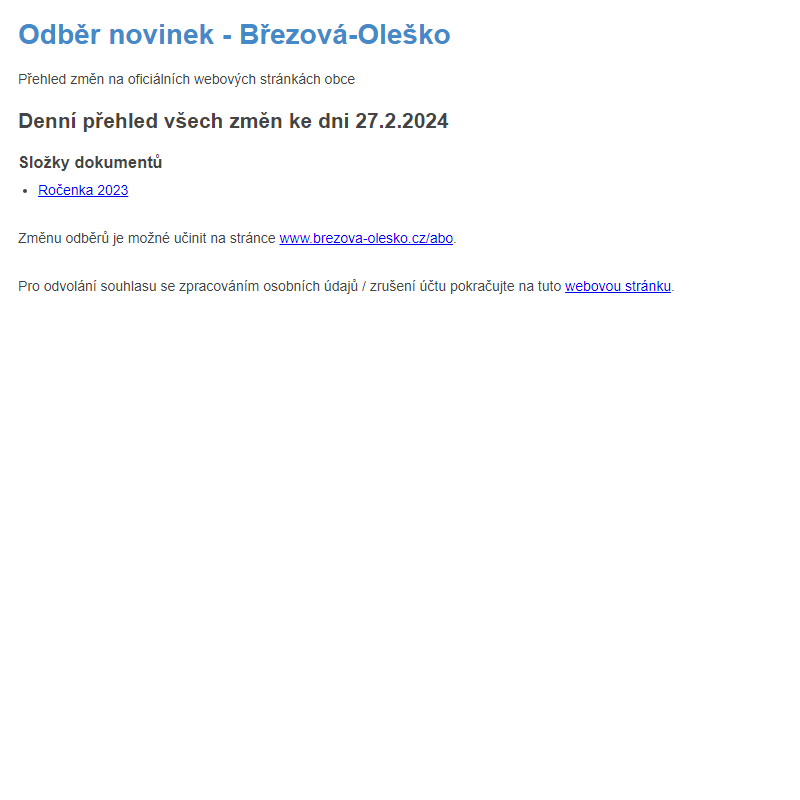 Březová-Oleško: Odběr novinek ze dne 27.2.2024