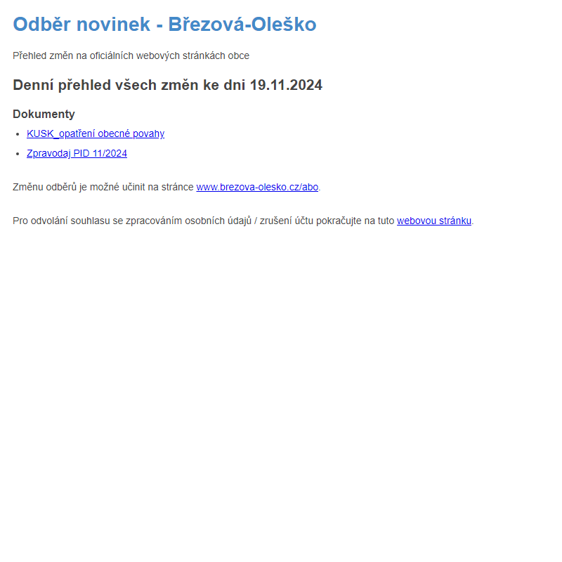 Březová-Oleško: Odběr novinek ze dne 19.11.2024