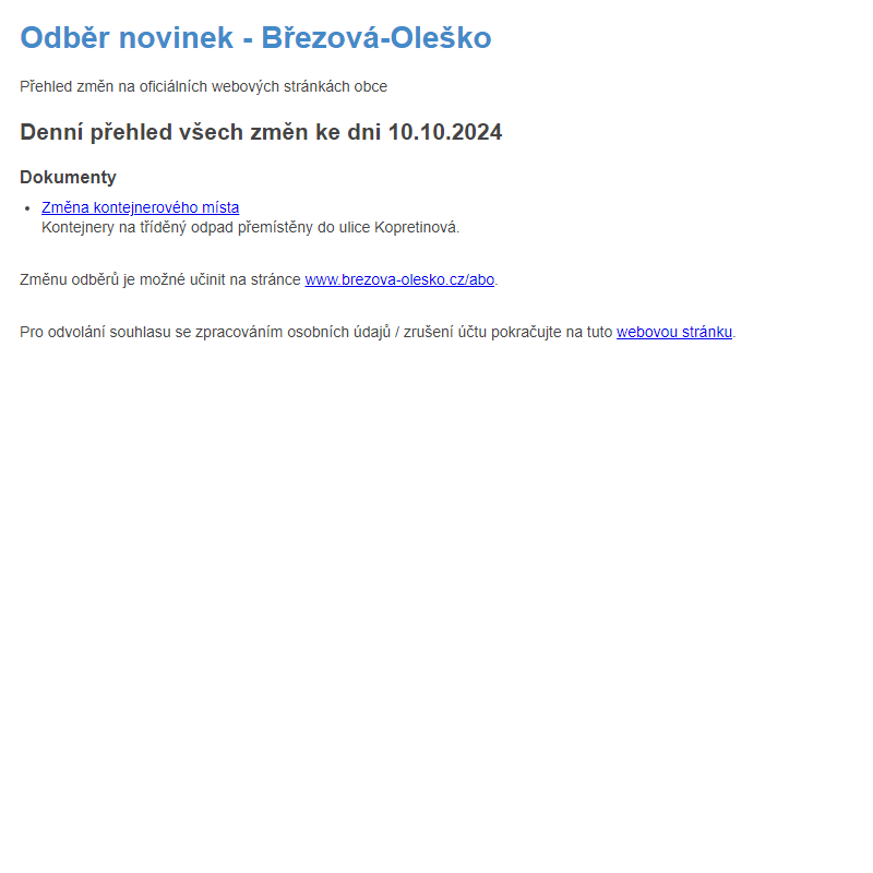 Březová-Oleško: Odběr novinek ze dne 10.10.2024