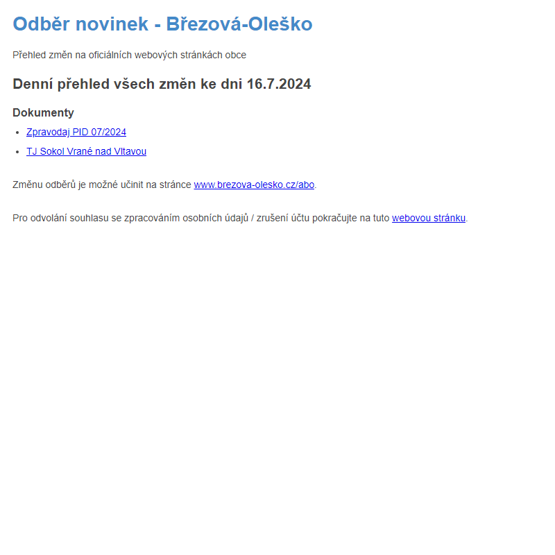 Březová-Oleško: Odběr novinek ze dne 16.7.2024