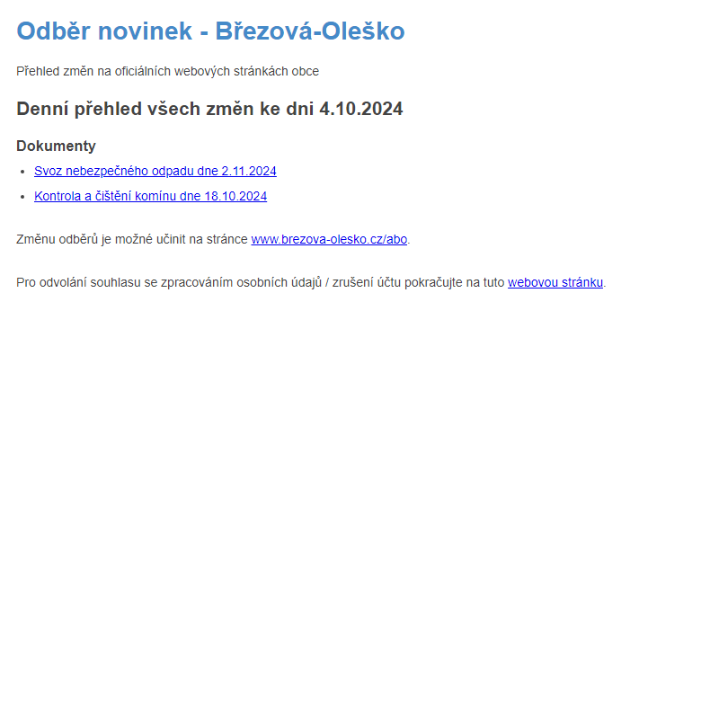 Březová-Oleško: Odběr novinek ze dne 4.10.2024