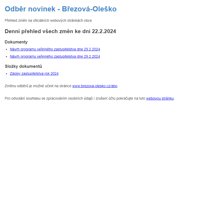 Březová-Oleško: Odběr novinek ze dne 22.2.2024
