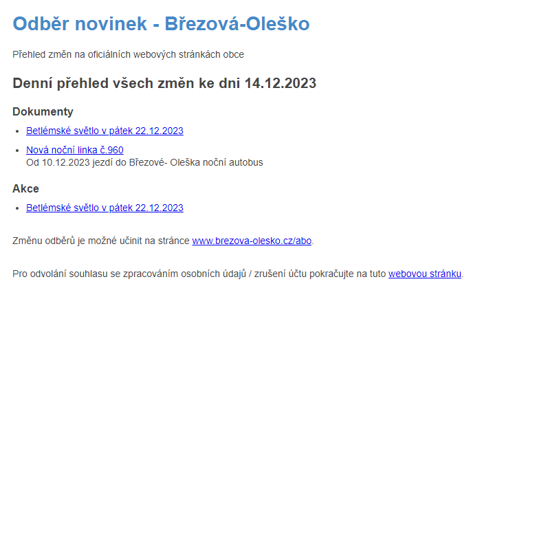 Březová-Oleško: Odběr novinek ze dne 14.12.2023