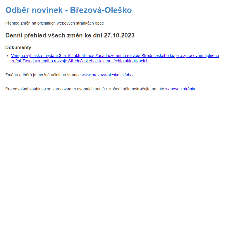 Březová-Oleško: Odběr novinek ze dne 27.10.2023