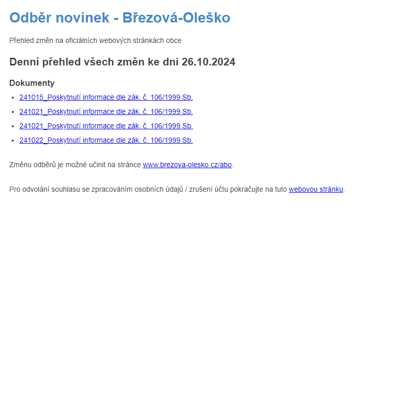 Březová-Oleško: Odběr novinek ze dne 26.10.2024