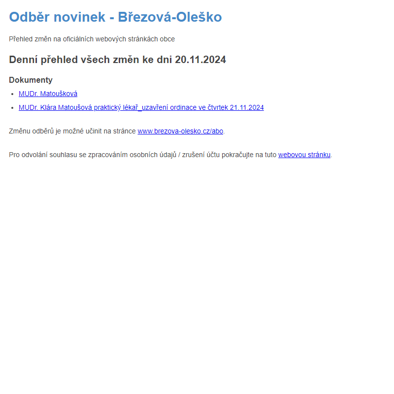 Březová-Oleško: Odběr novinek ze dne 20.11.2024