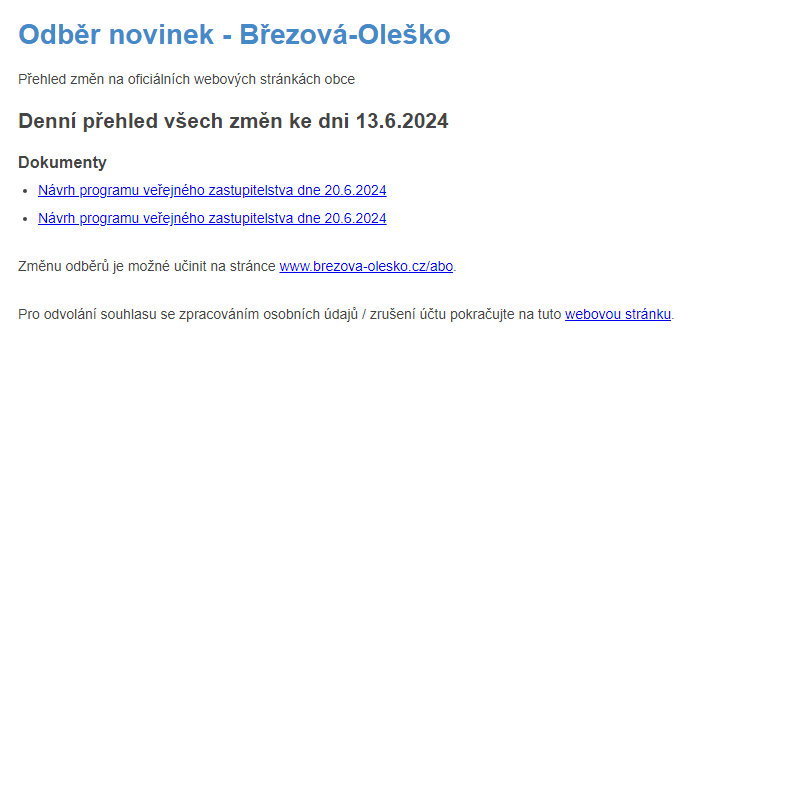 Březová-Oleško: Odběr novinek ze dne 13.6.2024