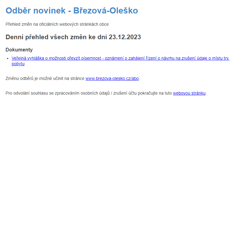 Březová-Oleško: Odběr novinek ze dne 23.12.2023