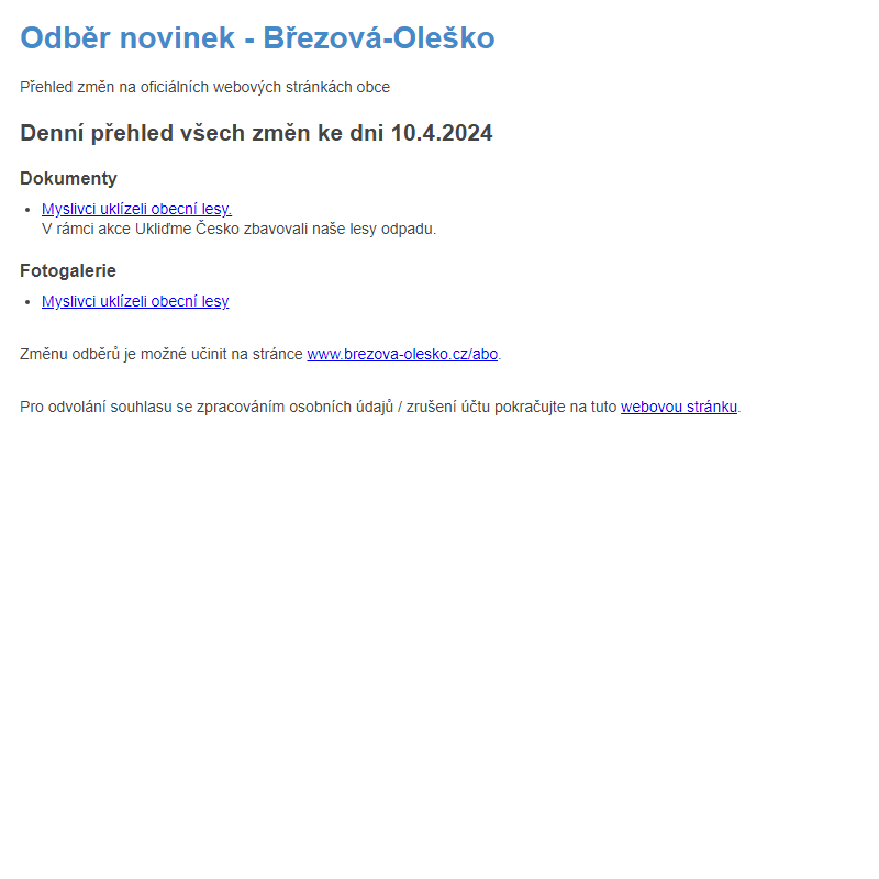 Březová-Oleško: Odběr novinek ze dne 10.4.2024