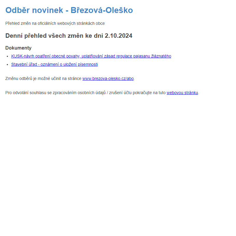 Březová-Oleško: Odběr novinek ze dne 2.10.2024