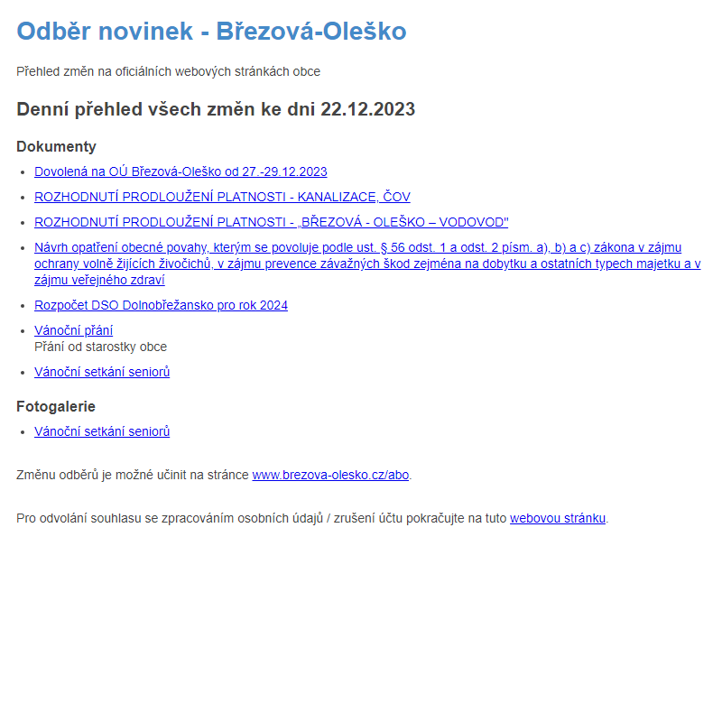 Březová-Oleško: Odběr novinek ze dne 22.12.2023