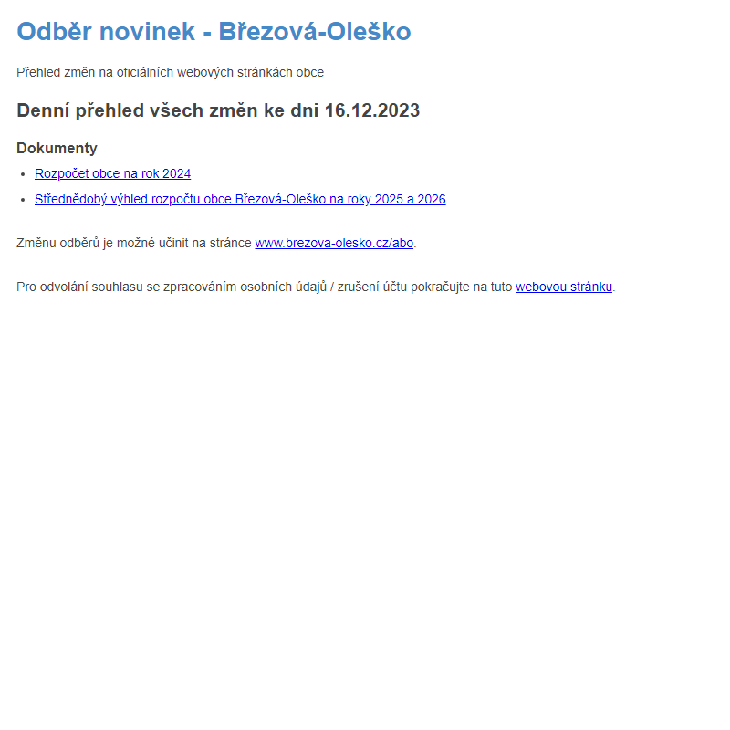 Březová-Oleško: Odběr novinek ze dne 16.12.2023