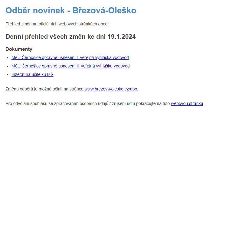 Březová-Oleško: Odběr novinek ze dne 19.1.2024