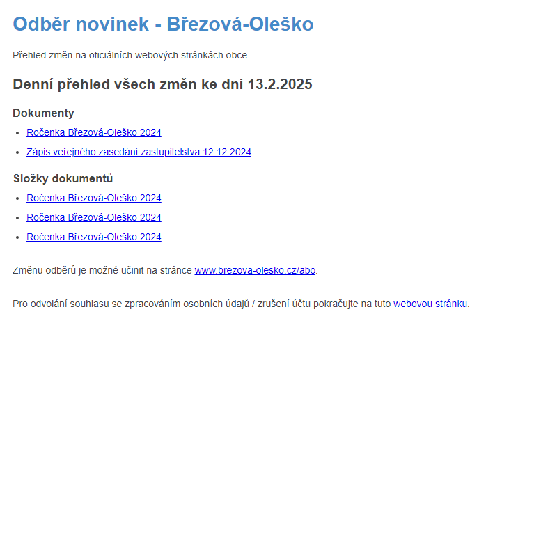 Březová-Oleško: Odběr novinek ze dne 13.2.2025