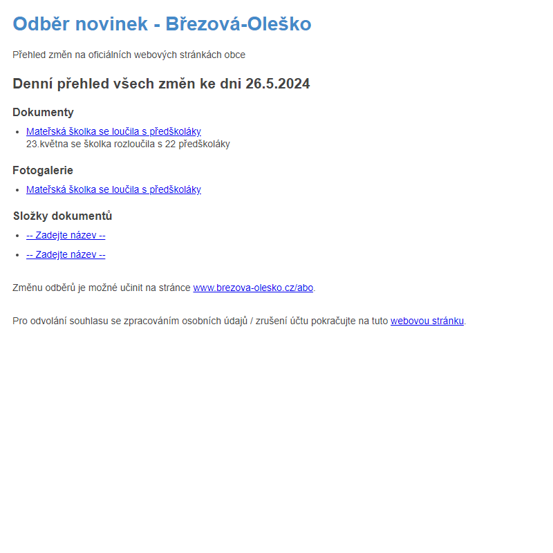 Březová-Oleško: Odběr novinek ze dne 26.5.2024