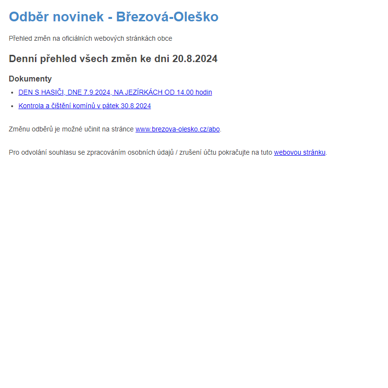 Březová-Oleško: Odběr novinek ze dne 20.8.2024