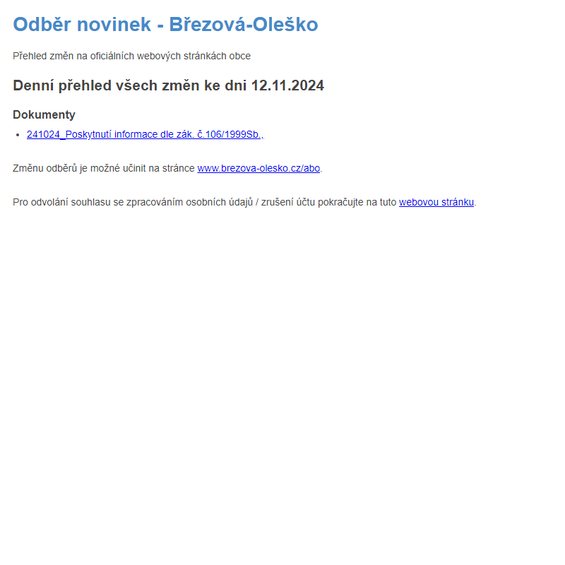 Březová-Oleško: Odběr novinek ze dne 12.11.2024