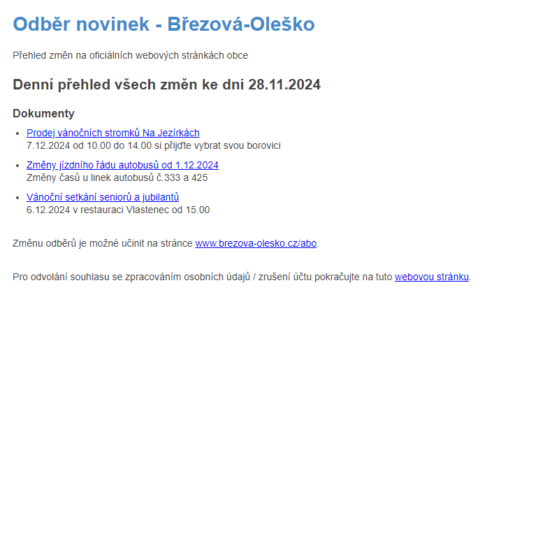 Březová-Oleško: Odběr novinek ze dne 28.11.2024