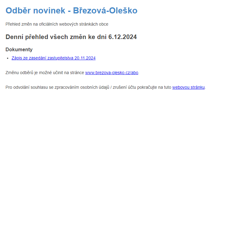 Březová-Oleško: Odběr novinek ze dne 6.12.2024