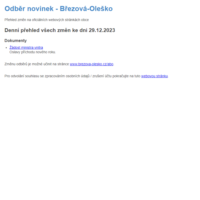 Březová-Oleško: Odběr novinek ze dne 29.12.2023