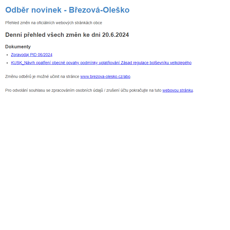 Březová-Oleško: Odběr novinek ze dne 20.6.2024