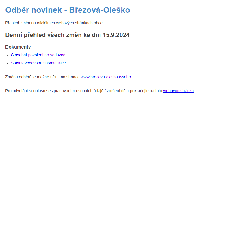 Březová-Oleško: Odběr novinek ze dne 15.9.2024