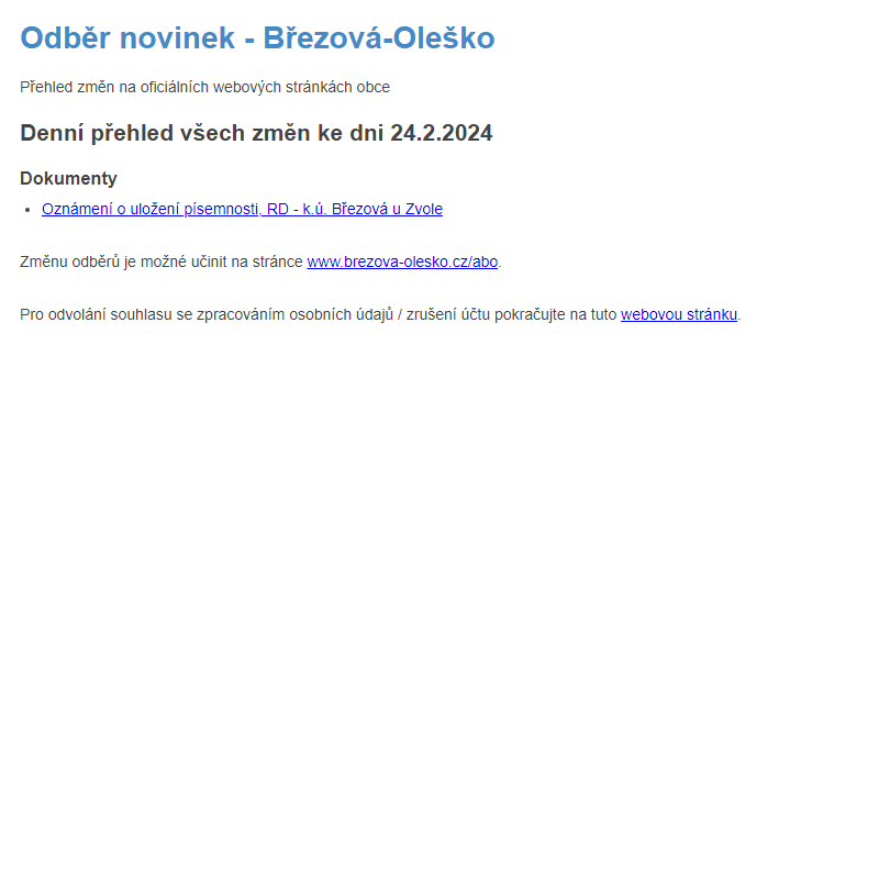 Březová-Oleško: Odběr novinek ze dne 24.2.2024