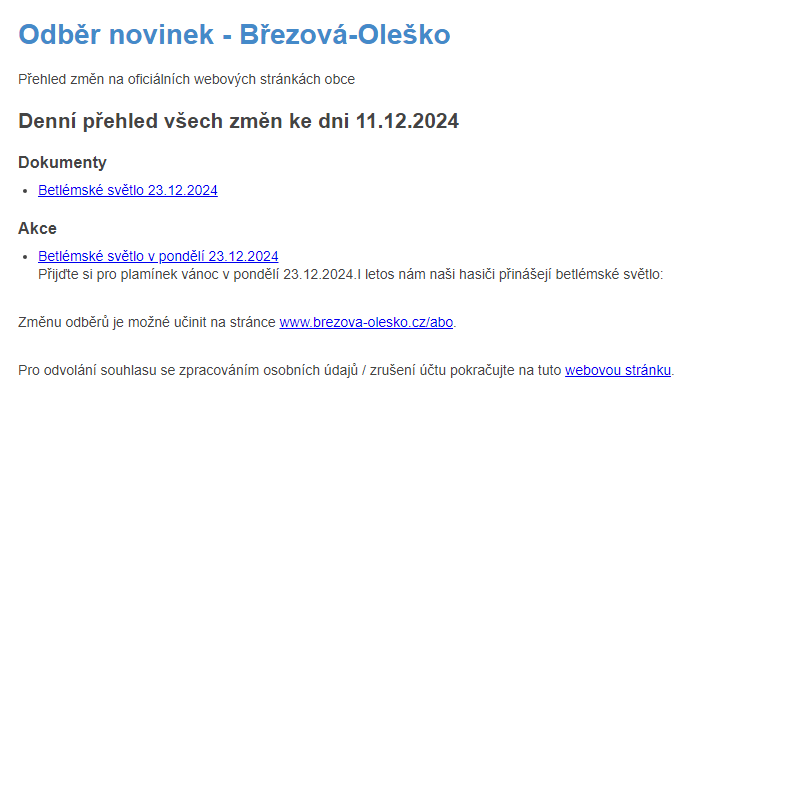 Březová-Oleško: Odběr novinek ze dne 11.12.2024