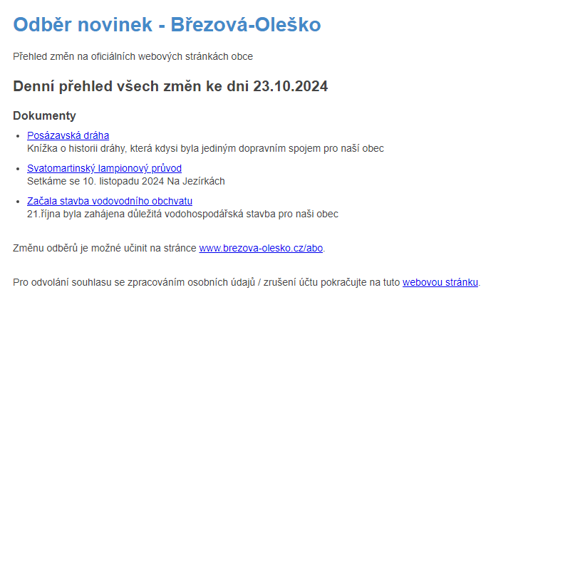 Březová-Oleško: Odběr novinek ze dne 23.10.2024