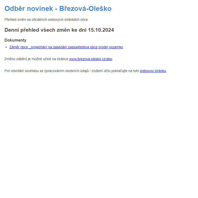 Březová-Oleško: Odběr novinek ze dne 15.10.2024