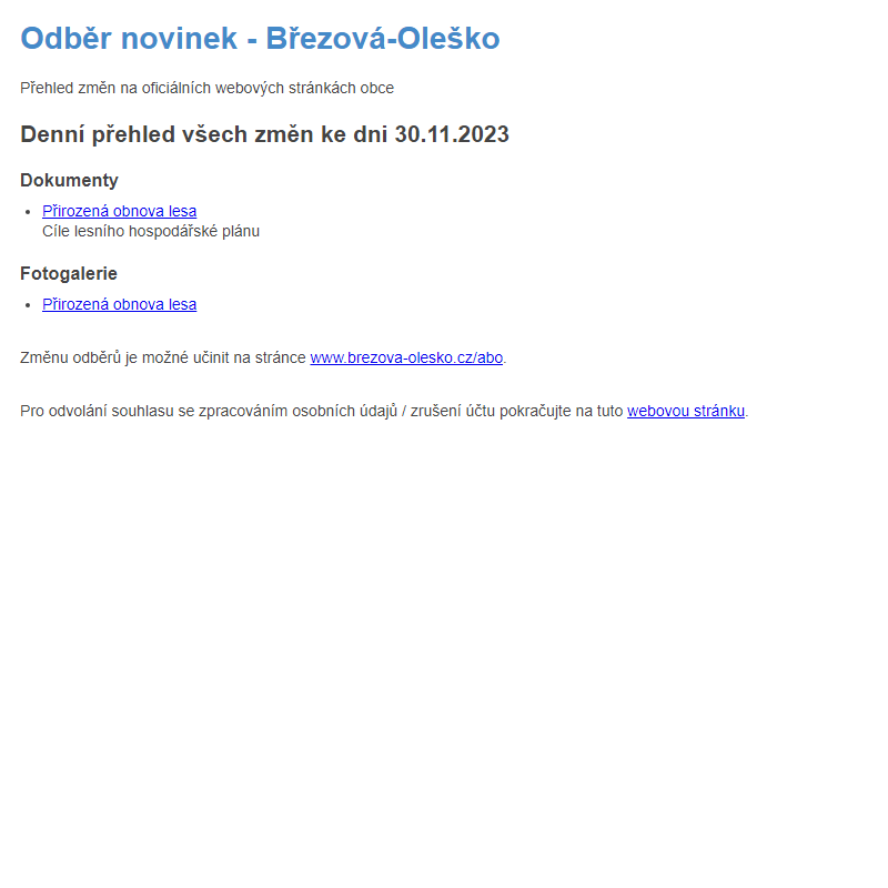 Březová-Oleško: Odběr novinek ze dne 30.11.2023