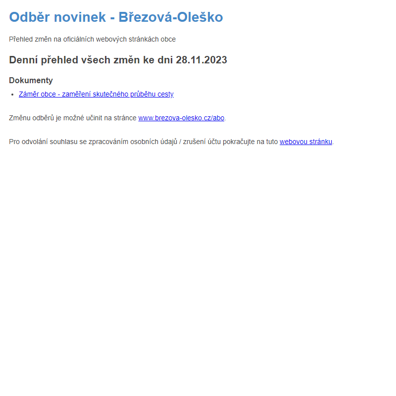 Březová-Oleško: Odběr novinek ze dne 28.11.2023