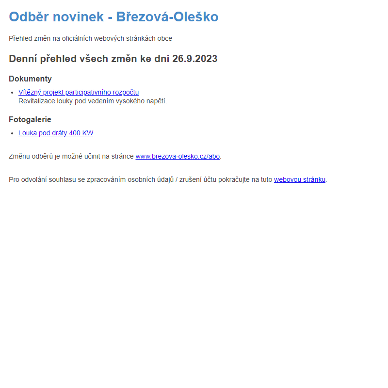 Březová-Oleško: Odběr novinek ze dne 26.9.2023