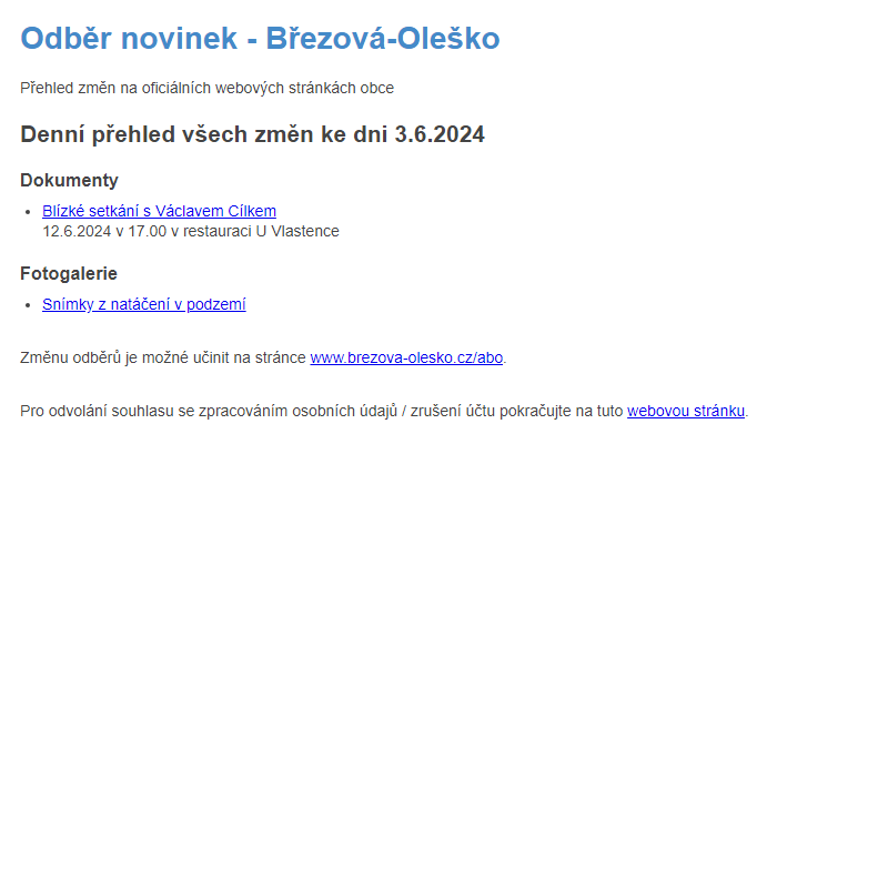 Březová-Oleško: Odběr novinek ze dne 3.6.2024