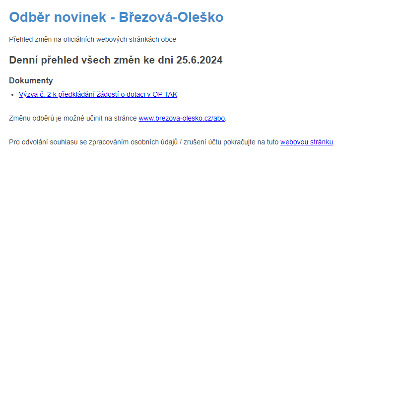 Březová-Oleško: Odběr novinek ze dne 25.6.2024