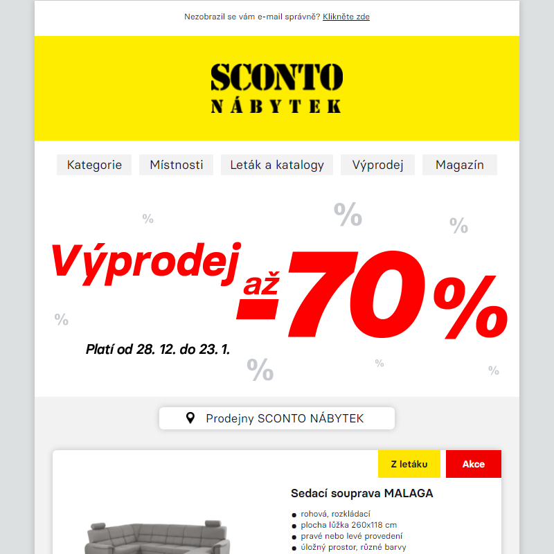__Nový leták SCONTO: Výprodej až -70%, kuchyně -50%.
