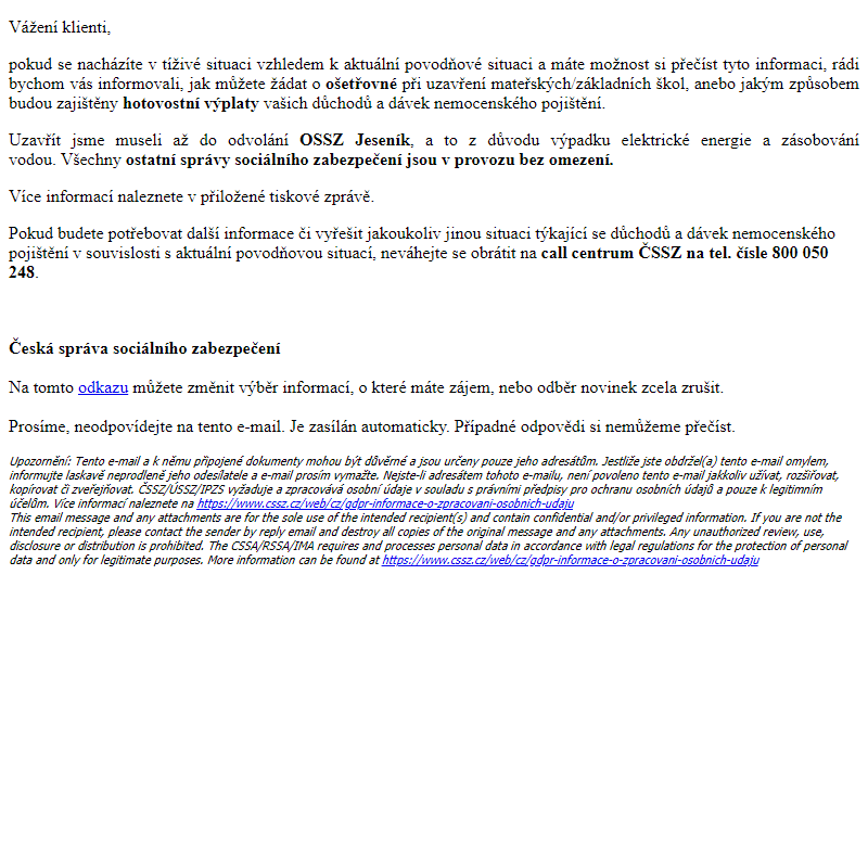 Aktuální informace v souvislosti s povodněmi: ošetřovné při uzavření škol, výplaty důchodů a nemocenského v hotovosti, uzavřená OSSZ Jeseník