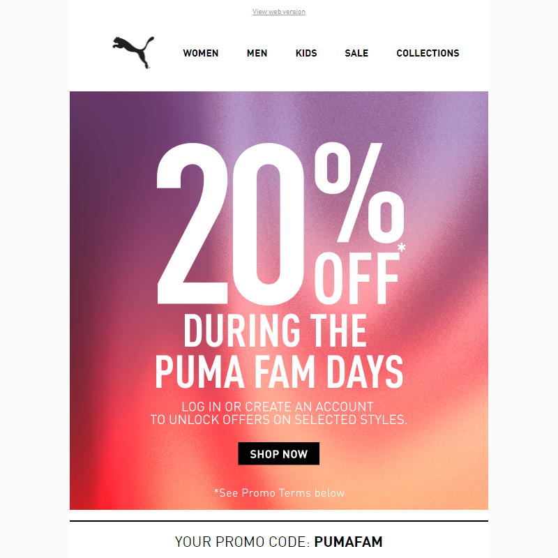 PUMA FAM Deals: 20% OFF* Selected Styles