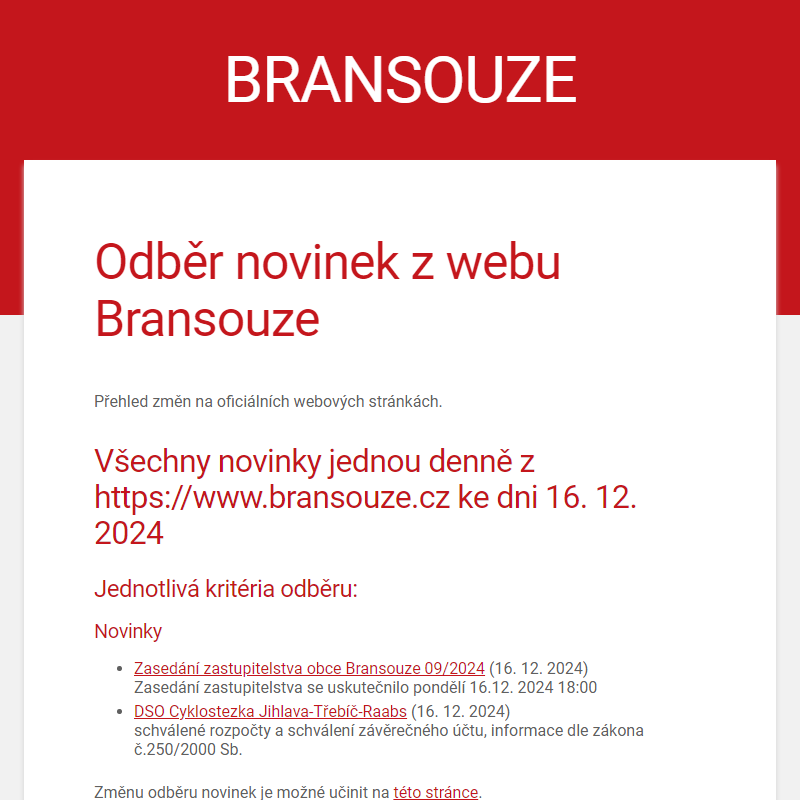 Odběr novinek z webu Bransouze