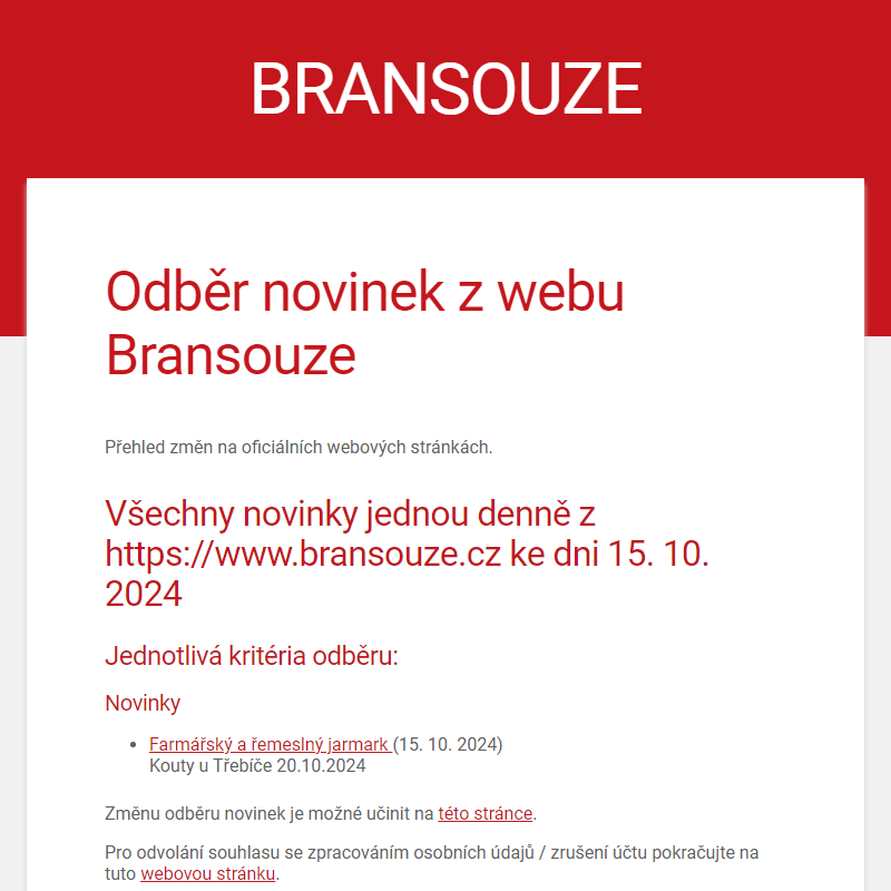 Odběr novinek z webu Bransouze