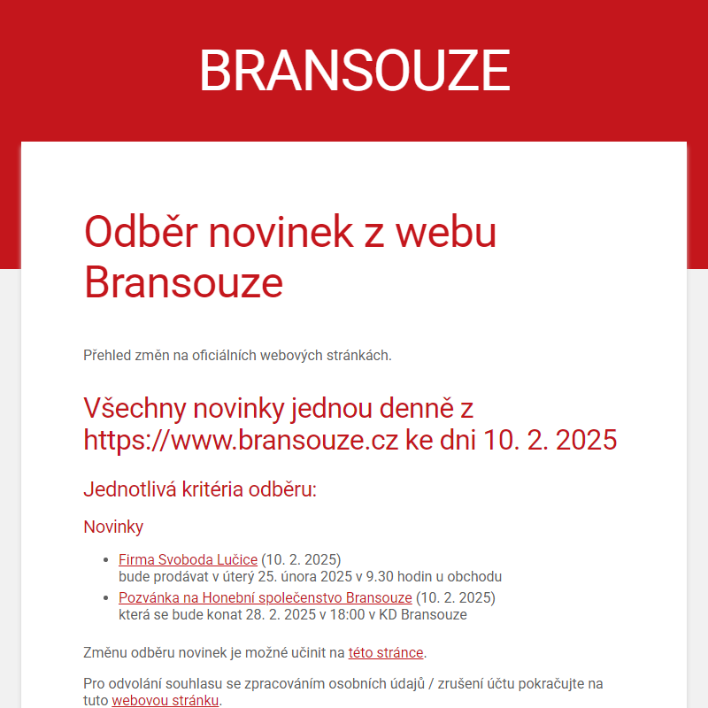 Odběr novinek z webu Bransouze