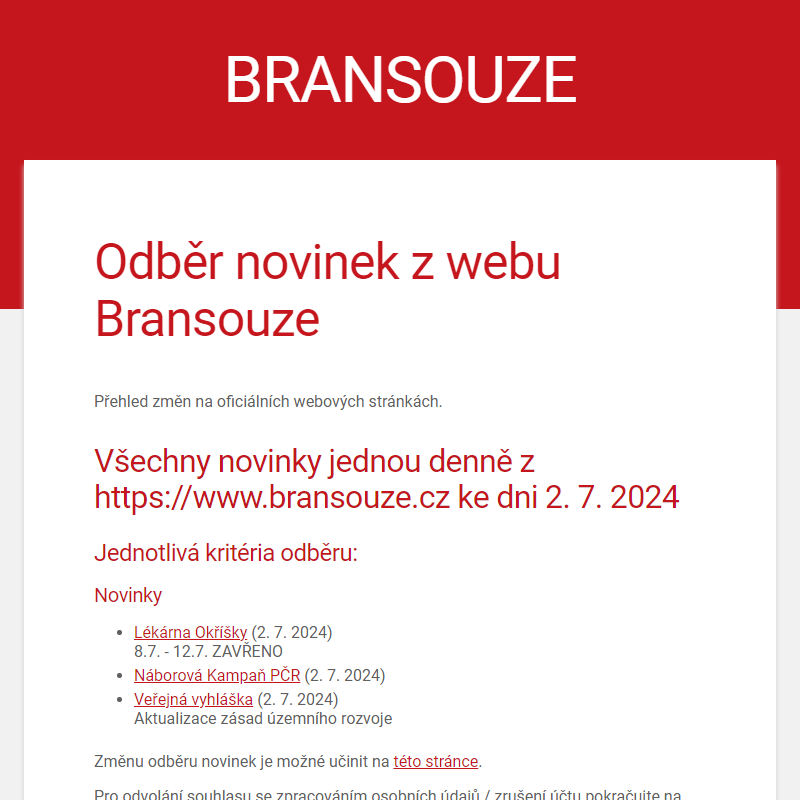 Odběr novinek z webu Bransouze