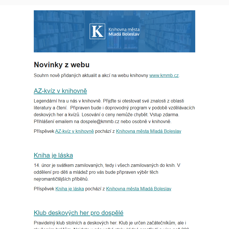 Novinky z webu  Knihovna města Mladá Boleslav z 01/16/2024