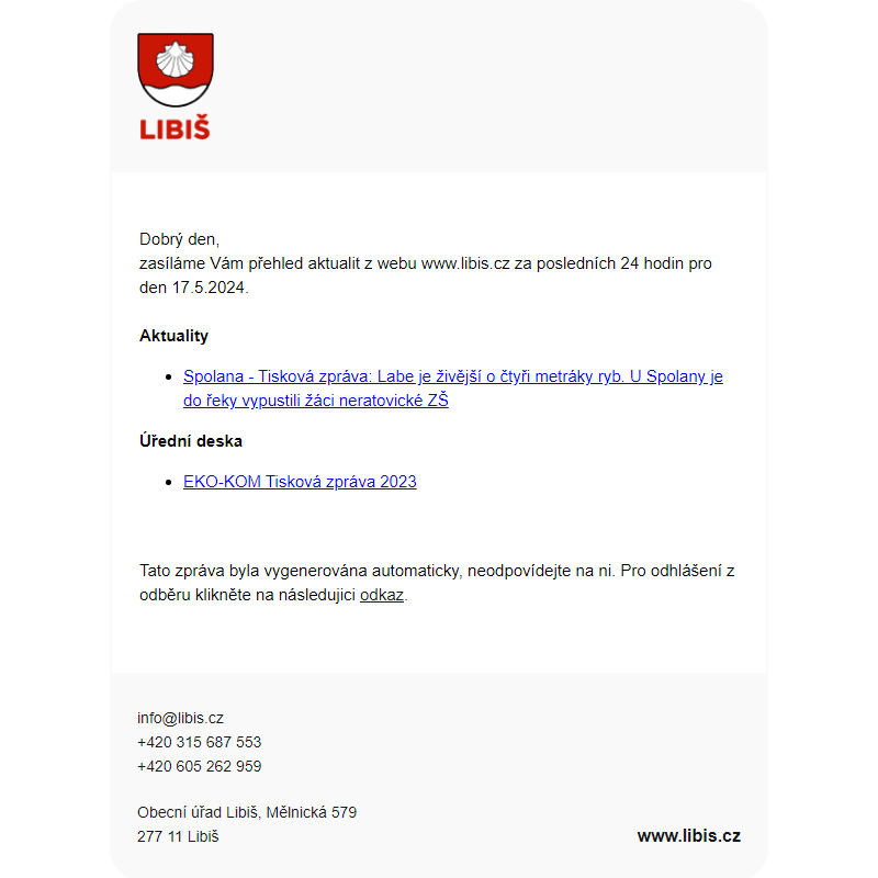 Newsletter s přehledem aktualizací na webu www.libis.cz za posledních 24 hodin