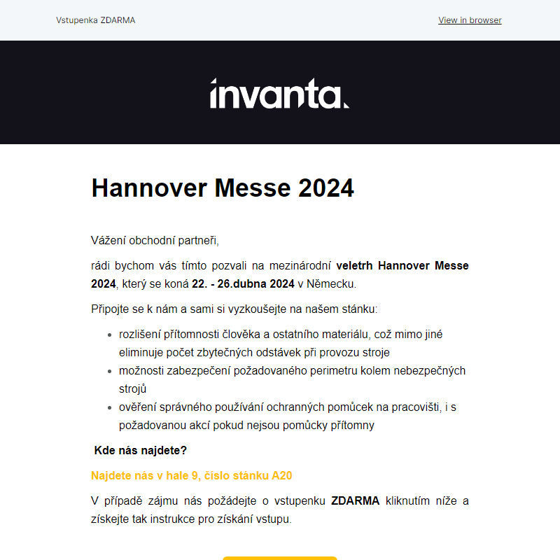 Exkluzivní pozvánka: Prozkoumejte veletrh Hannover Messe 2024 s Invantou
