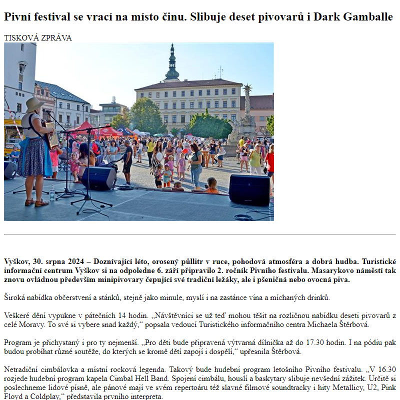 Odběr novinek ze dne 31.8.2024 - dokument Pivní festival se vrací na místo činu. Slibuje deset pivovarů i Dark Gamballe