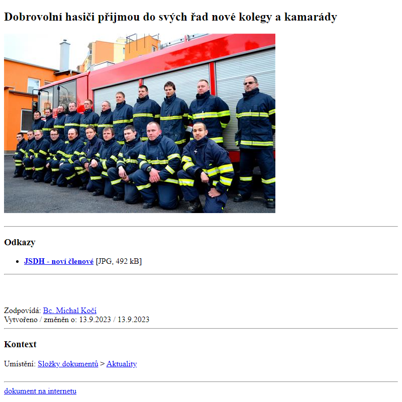 Odběr novinek ze dne 14.9.2023 - dokument Dobrovolní hasiči přijmou do svých řad nové kolegy a kamarády