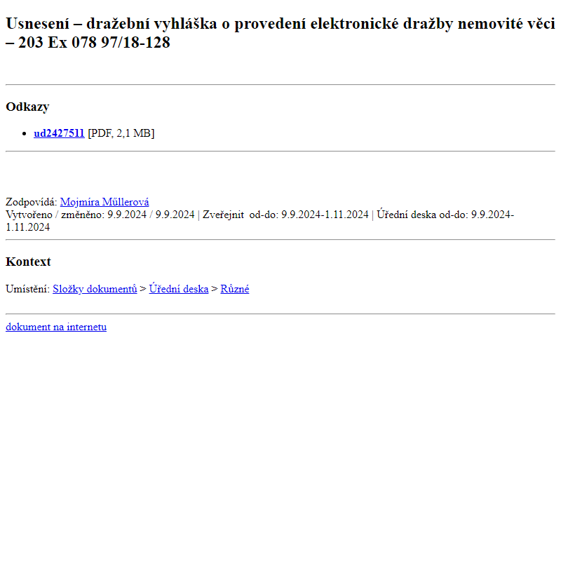 Odběr novinek ze dne 10.9.2024 - dokument Usnesení – dražební vyhláška o provedení elektronické dražby nemovité věci – 203 Ex 07897/18-128